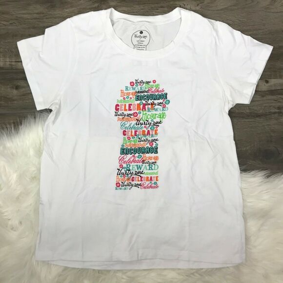 Thirty-One Womens Large White Printed Tshirt Short Sleeve Inspiration NWOT - Picture 1 of 3